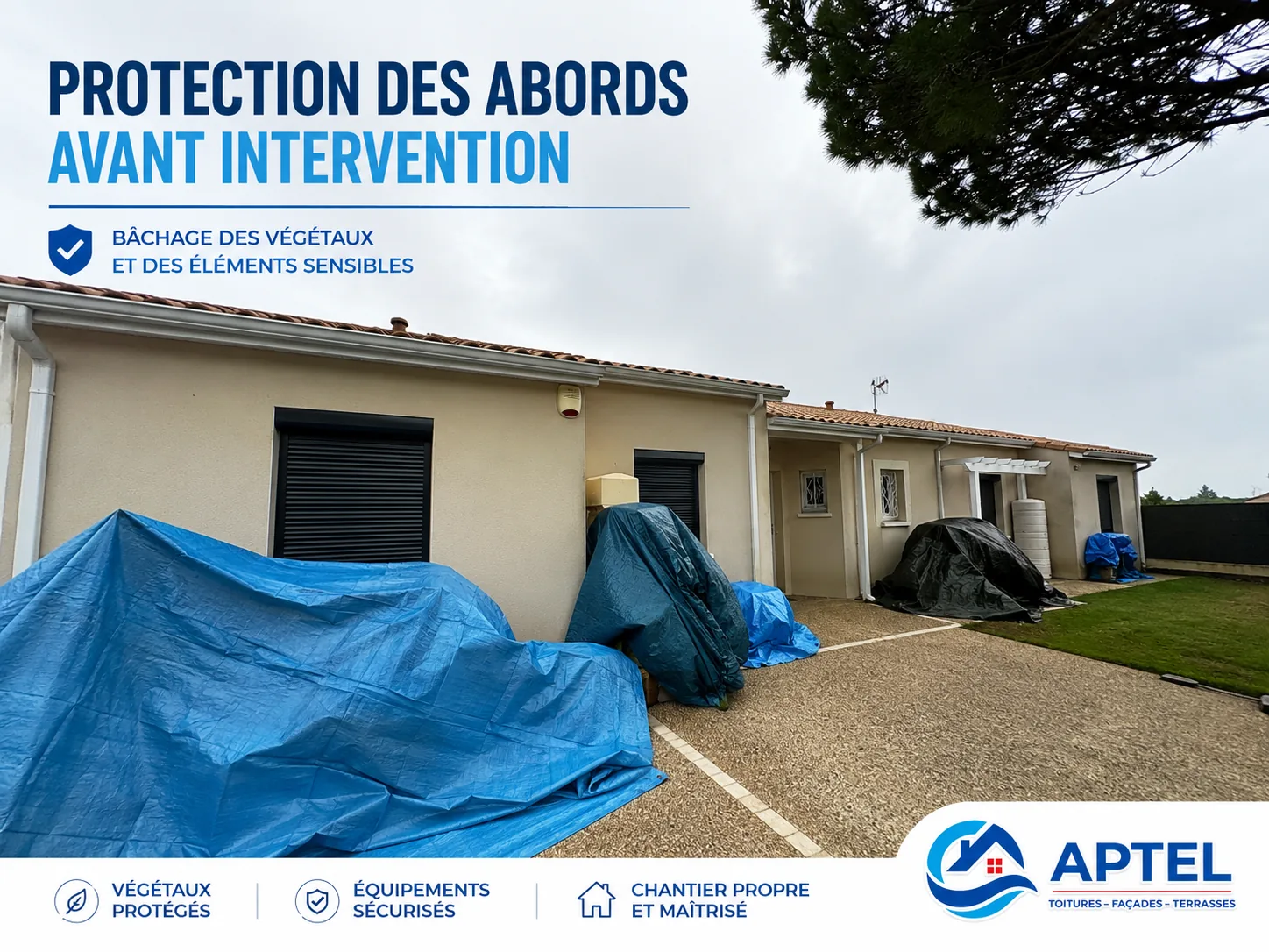 Bâchage des végétaux et protection des abords avant nettoyage de façade par Nettoyage APTEL